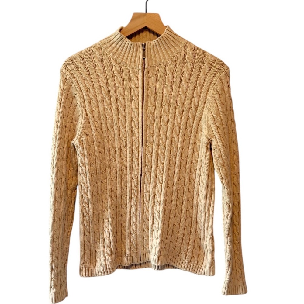 LL Bean Womens Double L Cotton‎ Cable Knit Full Zip Mock Neck Sweater Large